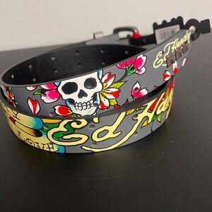 Ed Hardy Mens Tattoo Graphic Studded Belt Grey Skull Rose Size 36 NWT